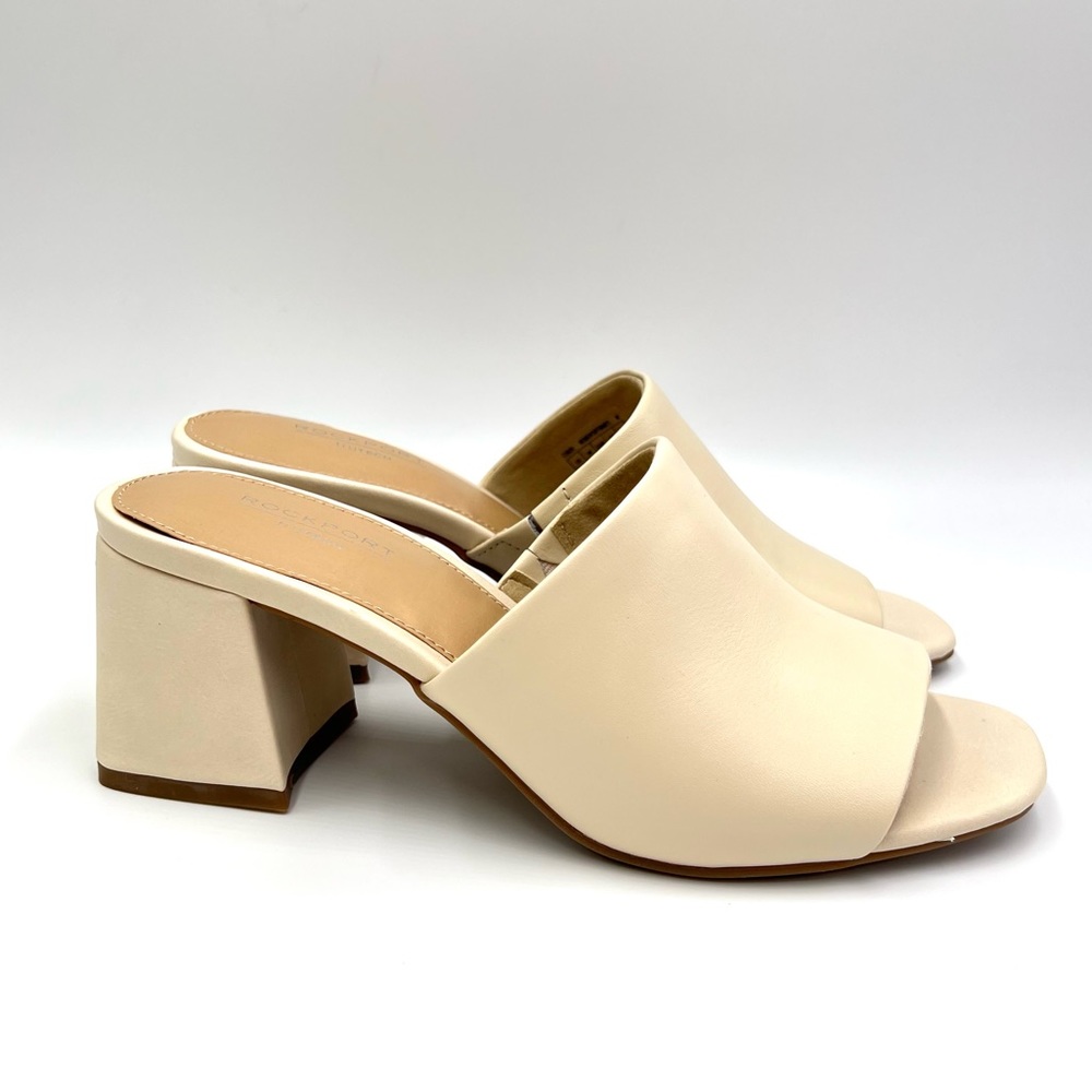 Rockport Womens Size 5.5‎ Cream Leather Block Heel Mules Heels Sandal Shoes